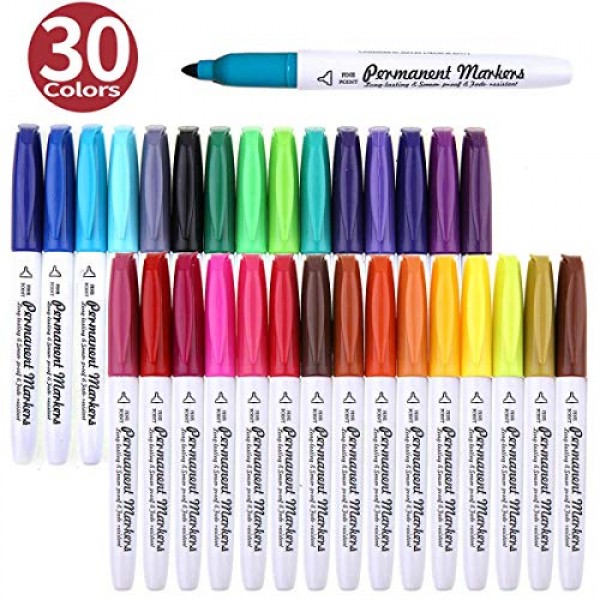 Permanent Marker, 30 Colors Fine Point Permanent Markers, Works We...