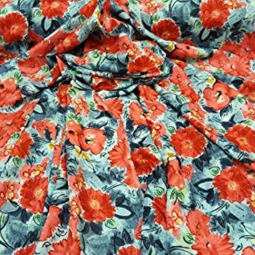 Rayon Challis Coral Flowers on Blue Background Soft Flowy Organic ...