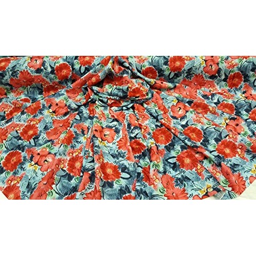 Rayon Challis Coral Flowers on Blue Background Soft Flowy Organic ...
