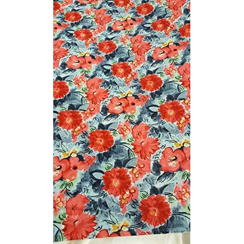 Rayon Challis Coral Flowers on Blue Background Soft Flowy Organic ...