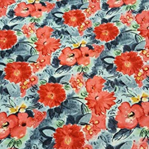 Rayon Challis Coral Flowers on Blue Background Soft Flowy Organic ...