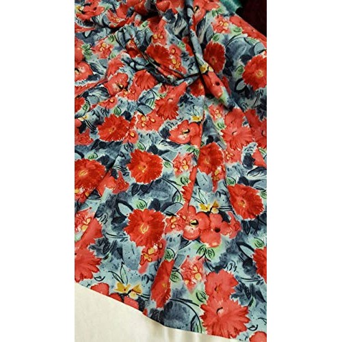 Rayon Challis Coral Flowers on Blue Background Soft Flowy Organic ...