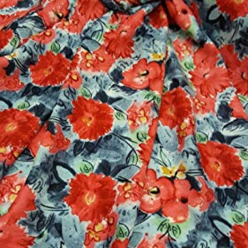 Rayon Challis Coral Flowers on Blue Background Soft Flowy Organic ...