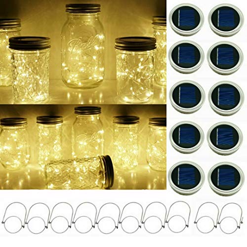 Solar Mason Jar String Light Lids, 10 Pack 20 LED Fairy Firefly St...
