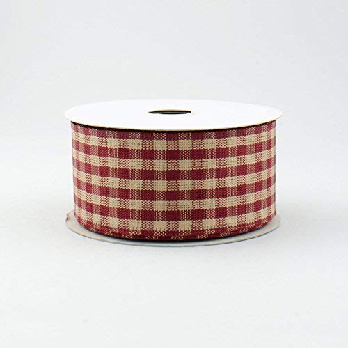 1.5 Wide Primitive Gingham Check Canvas Wired Ribbon Red & Tan 1...