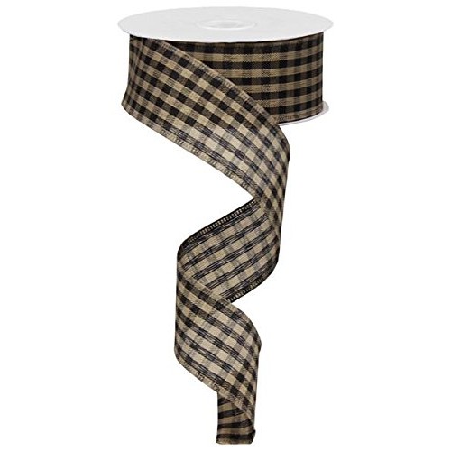 Black Tan Gingham Check Wired Ribbon 1.5 Inch x 10 Yards : RG013...