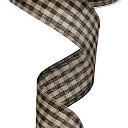 Black Tan Gingham Check Wired Ribbon 1.5 Inch x 10 Yards : RG013...