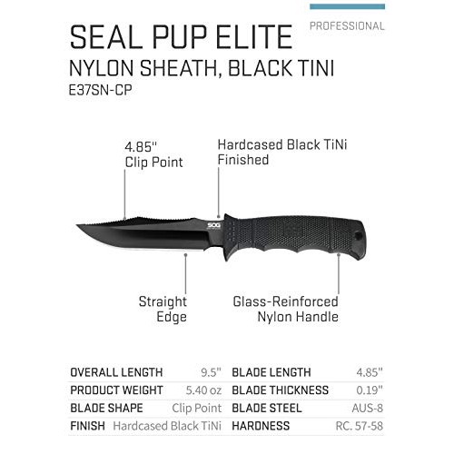 SOG Fixed Blade Knives with Sheath - SEAL Pup Elite Survival Knife...