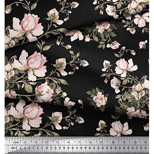 Soimoi Black Rayon Fabric Leaves & Rose Floral Print Fabric by The...