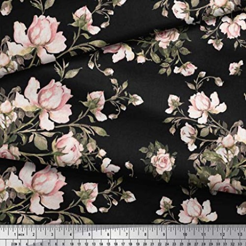 Soimoi Black Rayon Fabric Leaves & Rose Floral Print Fabric by The...