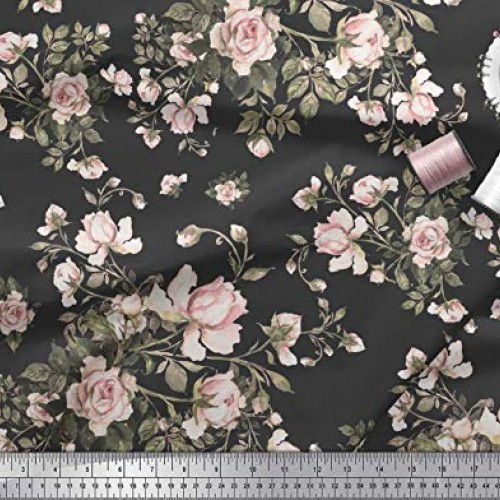Soimoi Black Rayon Fabric Leaves & Rose Floral Print Fabric by The...