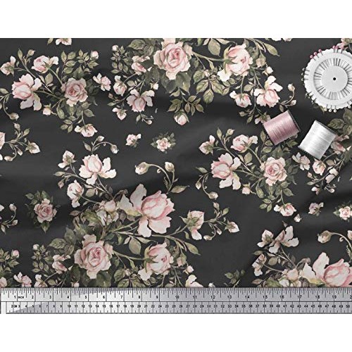 Soimoi Black Rayon Fabric Leaves & Rose Floral Print Fabric by The...