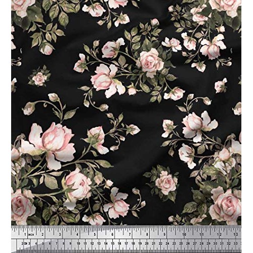 Soimoi Black Rayon Fabric Leaves & Rose Floral Print Fabric by The...