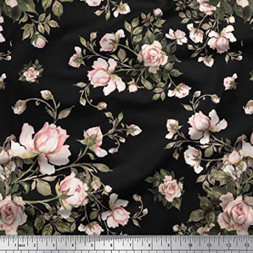 Soimoi Black Rayon Fabric Leaves & Rose Floral Print Fabric by The...