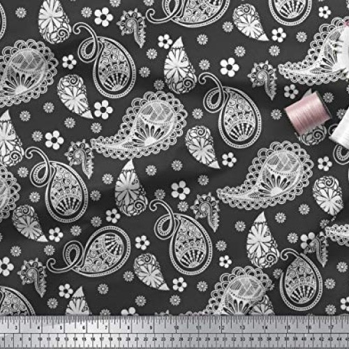 Soimoi Black Silk Fabric Floral & Paisley Print Fabric by The Yard...