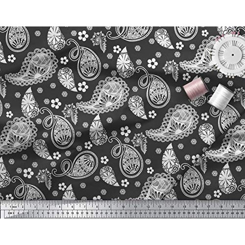 Soimoi Black Silk Fabric Floral & Paisley Print Fabric by The Yard...