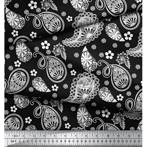Soimoi Black Silk Fabric Floral & Paisley Print Fabric by The Yard...