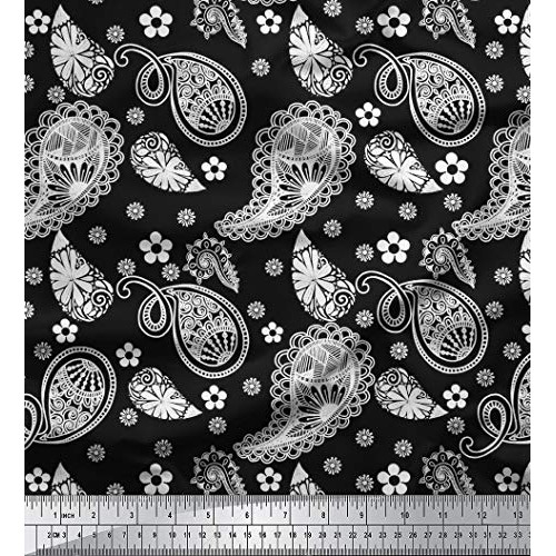 Soimoi Black Silk Fabric Floral & Paisley Print Fabric by The Yard...