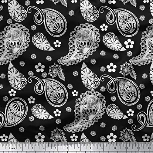 Soimoi Black Silk Fabric Floral & Paisley Print Fabric by The Yard...