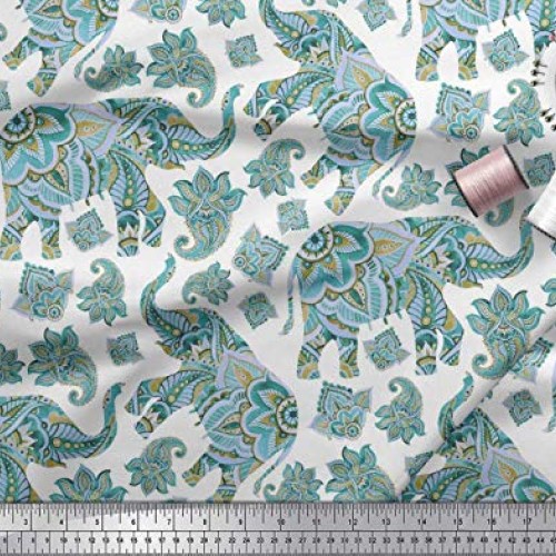 Soimoi Blue Cotton Cambric Fabric Paisley & Tribal Elephant Animal...