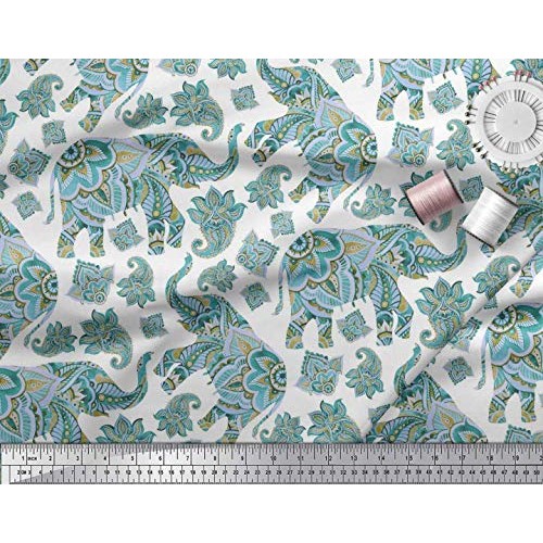 Soimoi Blue Cotton Cambric Fabric Paisley & Tribal Elephant Animal...
