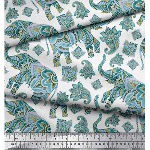 Soimoi Blue Cotton Cambric Fabric Paisley & Tribal Elephant Animal...