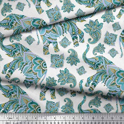 Soimoi Blue Cotton Cambric Fabric Paisley & Tribal Elephant Animal...