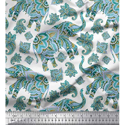 Soimoi Blue Cotton Cambric Fabric Paisley & Tribal Elephant Animal...