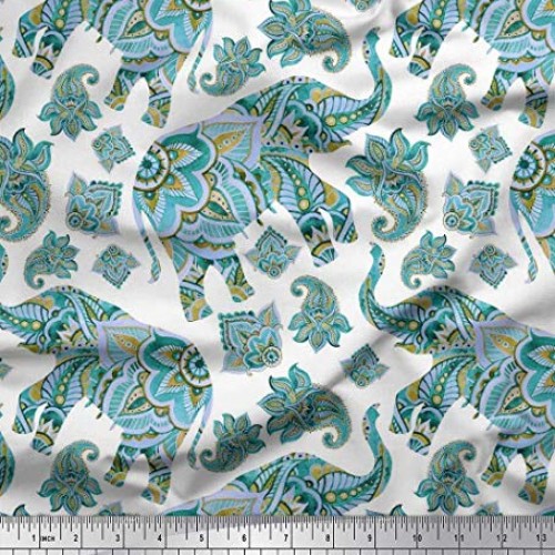 Soimoi Blue Cotton Cambric Fabric Paisley & Tribal Elephant Animal...