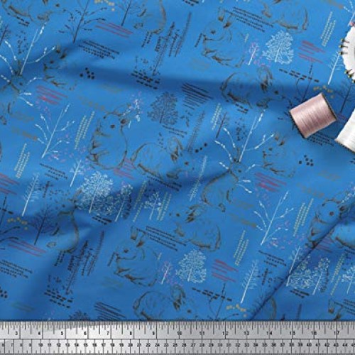 Soimoi Blue Heavy Canvas Fabric Abstract & Rabbit Animal Print Fab...