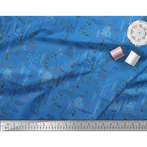 Soimoi Blue Heavy Canvas Fabric Abstract & Rabbit Animal Print Fab...
