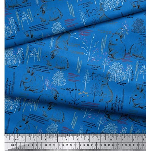 Soimoi Blue Heavy Canvas Fabric Abstract & Rabbit Animal Print Fab...