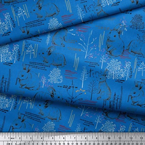 Soimoi Blue Heavy Canvas Fabric Abstract & Rabbit Animal Print Fab...