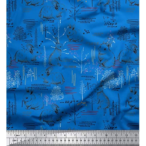 Soimoi Blue Heavy Canvas Fabric Abstract & Rabbit Animal Print Fab...