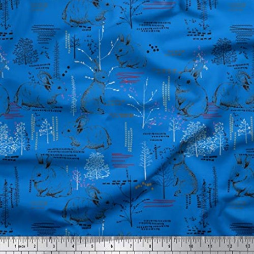 Soimoi Blue Heavy Canvas Fabric Abstract & Rabbit Animal Print Fab...