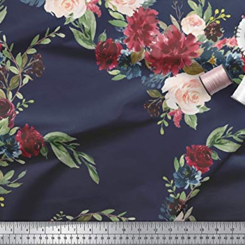 Soimoi Blue Rayon Fabric Ranunculus & Peony Floral Print Print Fab...