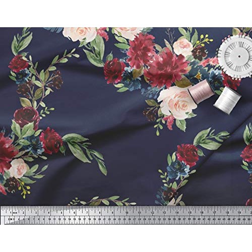 Soimoi Blue Rayon Fabric Ranunculus & Peony Floral Print Print Fab...