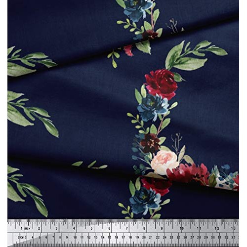 Soimoi Blue Rayon Fabric Ranunculus & Peony Floral Print Print Fab...