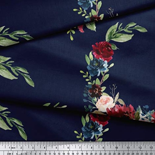 Soimoi Blue Rayon Fabric Ranunculus & Peony Floral Print Print Fab...