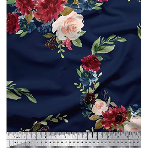 Soimoi Blue Rayon Fabric Ranunculus & Peony Floral Print Print Fab...
