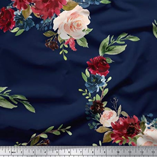 Soimoi Blue Rayon Fabric Ranunculus & Peony Floral Print Print Fab...