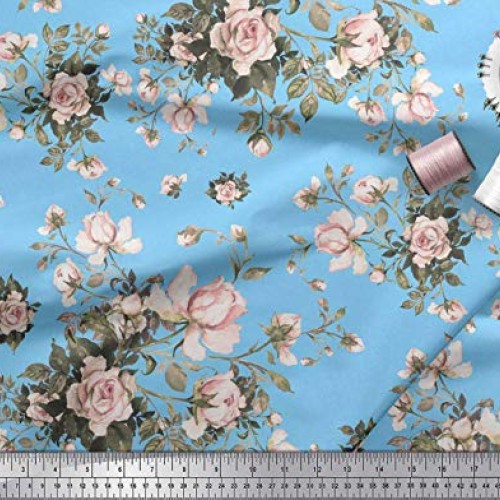 Soimoi Blue Silk Fabric Leaves & Rose Floral Printed Craft Fabric ...