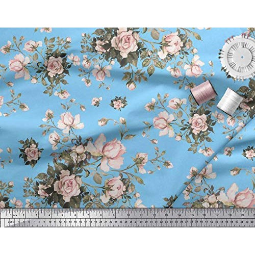 Soimoi Blue Silk Fabric Leaves & Rose Floral Printed Craft Fabric ...