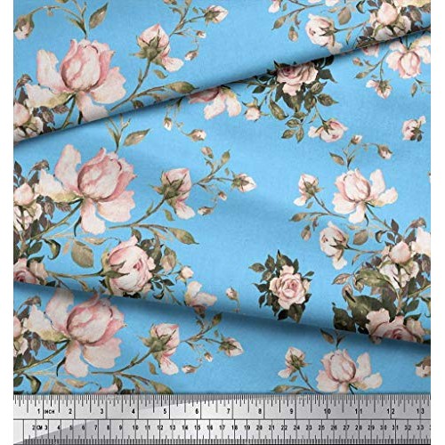 Soimoi Blue Silk Fabric Leaves & Rose Floral Printed Craft Fabric ...