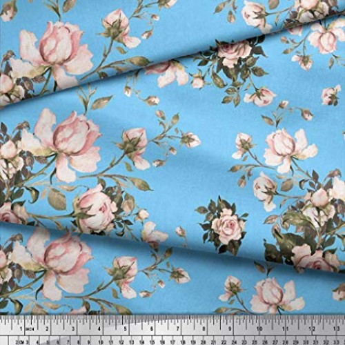 Soimoi Blue Silk Fabric Leaves & Rose Floral Printed Craft Fabric ...