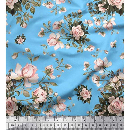 Soimoi Blue Silk Fabric Leaves & Rose Floral Printed Craft Fabric ...