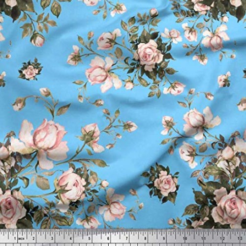 Soimoi Blue Silk Fabric Leaves & Rose Floral Printed Craft Fabric ...