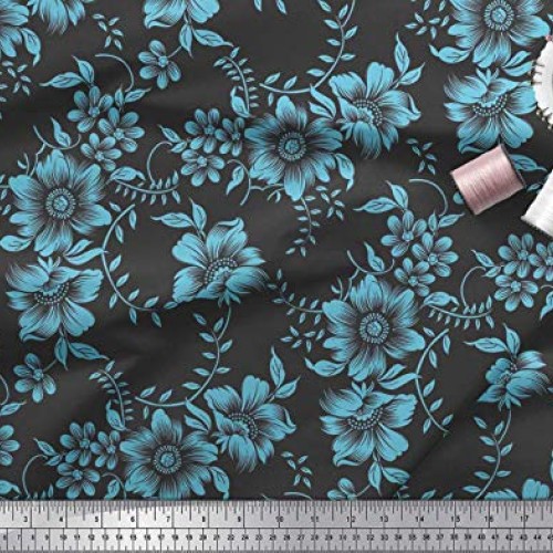 Soimoi Blue Viscose Chiffon Fabric Leaves & Floral Artistic Print ...