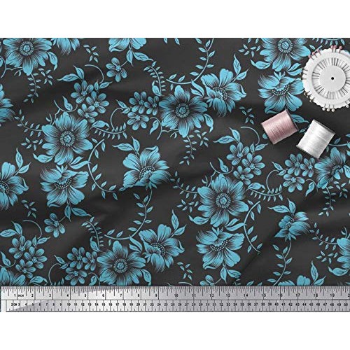 Soimoi Blue Viscose Chiffon Fabric Leaves & Floral Artistic Print ...