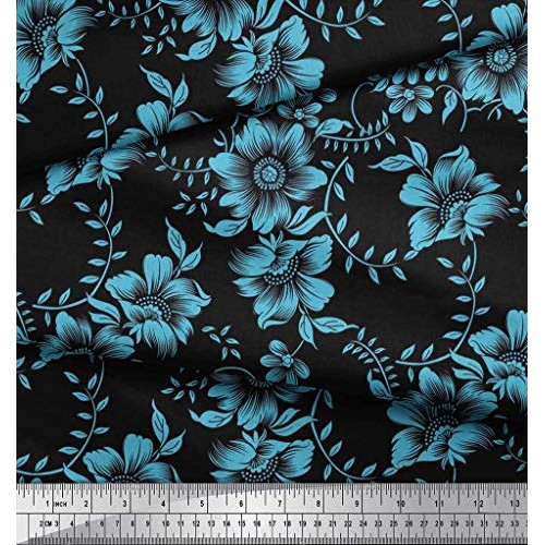 Soimoi Blue Viscose Chiffon Fabric Leaves & Floral Artistic Print ...